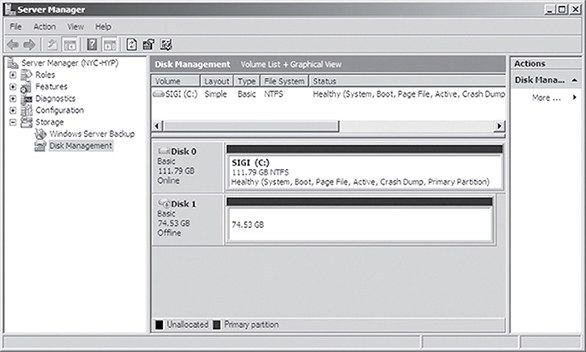 Window shows server manager in disk management with options for roles, features, diagnostics, configuration, storage, Windows server backup, and disk management.
