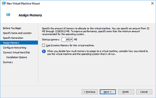 Window shows new virtual machine wizard to choose amount of memory to allocate with options for before you begin, assign memory, summary, et cetera.
