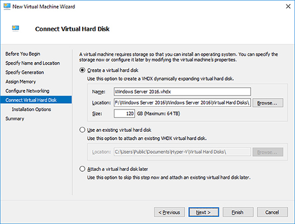 Window shows new virtual machine wizard to specify storage from create virtual hard disk, use existing virtual hard disk, and attach virtual hard disk later.