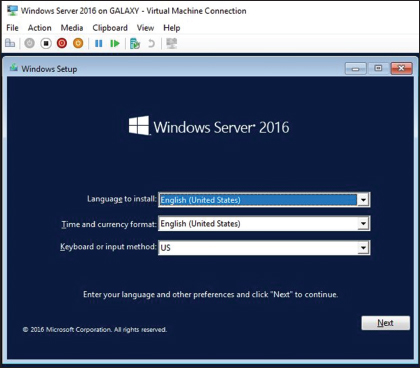 Window shows virtual machine connection running setup of Windows server 2016 with options for languages to install, time and currency format, and keyboard or input method.