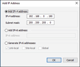 Window shows add IP address with options for add IPv4 address (IPv4 address and subnet mask), add IPv6 address, and generate IPv6 addresses (link-local, site-local, and global).