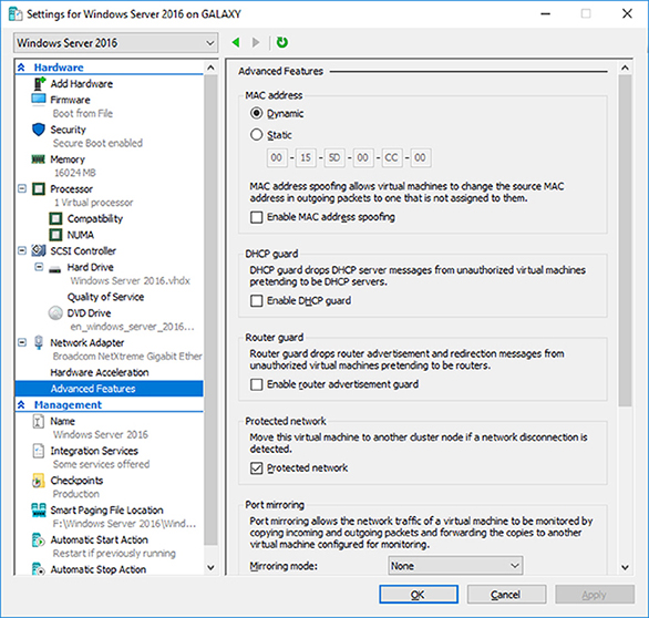 Window shows settings for Windows server 2016 with advanced features in hardware like MAC address (dynamic and static), DHCP guard, router guard, protected network, and port mirroring.