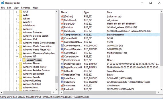 Window shows registry editor of path: HKEY_LOCAL-MACHINESoftwareMicrosoftWindows NTCurrentVersion, with window on right with titles of name, type, and data.