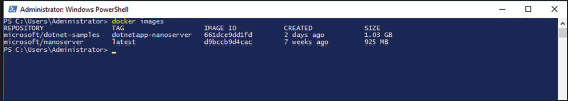 Window shows Windows PowerShell with all images on repository by entering docker images into prompt, where all docker images on system are displayed.