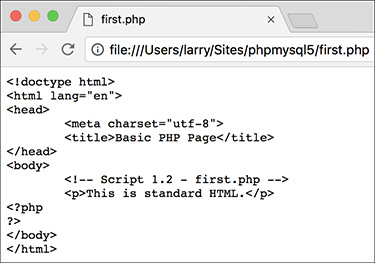Screenshot of a PHP code in a webpage titled first.php. The URL address bar reads, file:///users/larry/Sites/phpmysql5/first.php.