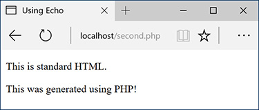 Screenshot of using echo page is shown. The page URL reads localhost/second.php. The output screen reads, “This is standard HTML. This was generated using PHP!”