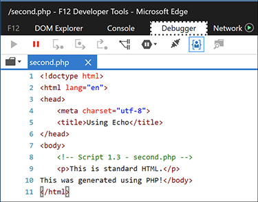 Screenshot of a PHP page is shown where debugger tab is selected. The closing title tag of html is shown and highlighted.