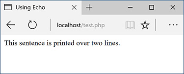Screenshot of using echo screen reads the output “This sentence is printed over two lines” in a single line.