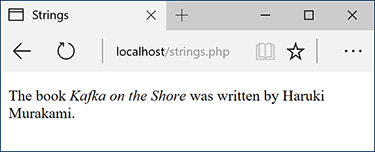 Screenshot of strings output screen is shown. The output screen reads “The book Kafka on the shore was written by Haruki Murakami.”