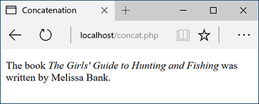 Screenshot of concatenation output screen is shown. The output screen reads “The book The Girls’ Guide to Hunting and fishing was written by Melissa Bank.”