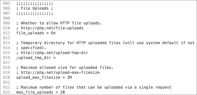 Screenshot displaying the File Uploads subsection of the php.ini file.