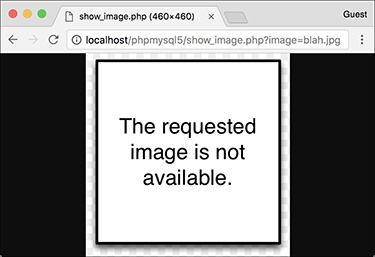 Screenshot of show_image.php page is shown that displays an image that reads, the requested image is not available.