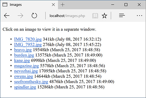 Output window of images.php listing a number of images in the JPG format, followed by its size, creation date and time.