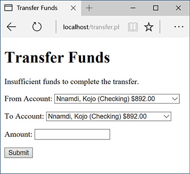 Screenshot of the transfer funds form is shown.
