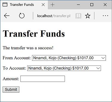Screenshot of the transfer funds form is shown. Text at the top of the form reads, the transfer was a success!