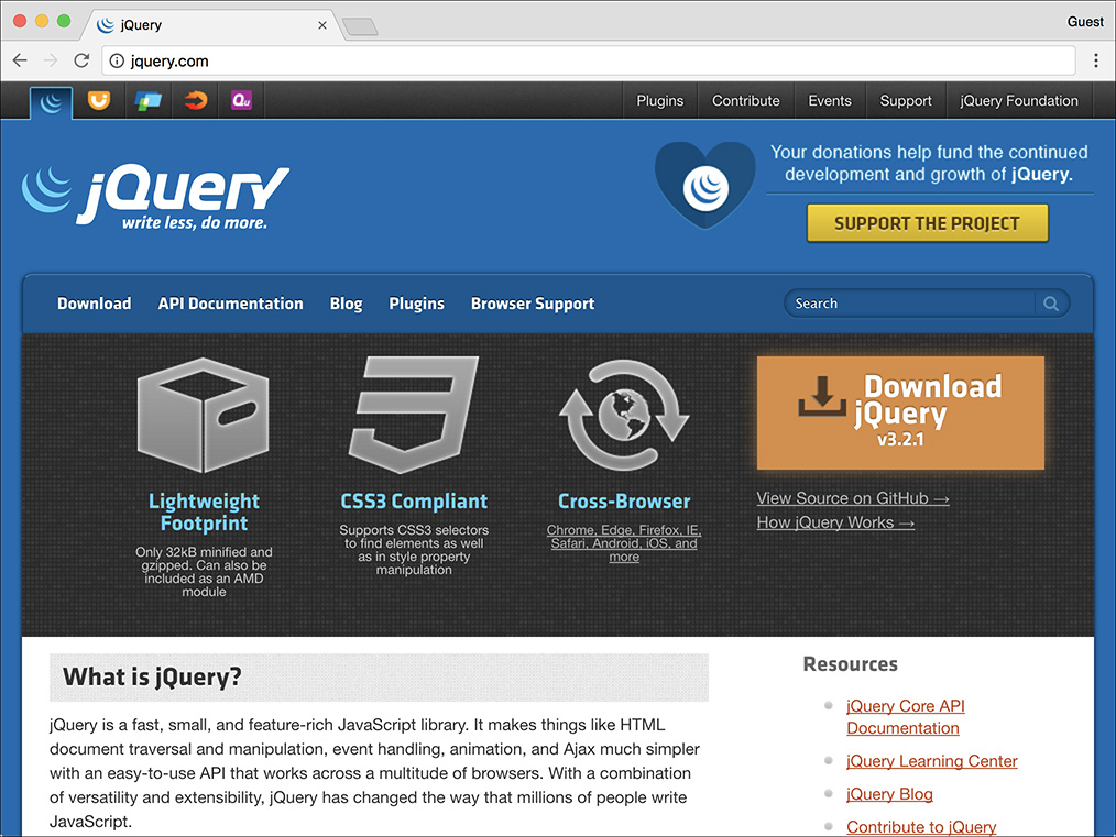 The home page of jQuery JavaScript framework is displayed.