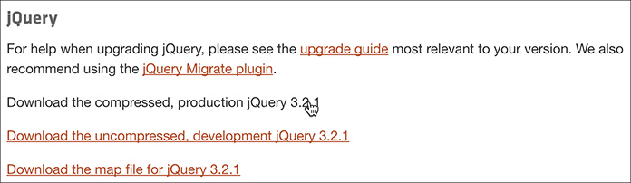 The links to download the latest version of jQuery are listed.