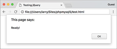 Screenshot of a Testing jQuery window, with a pop up reading ‘This page says: Ready!’ At the bottom is an OK button.