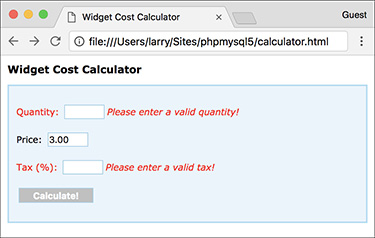 Screenshot of the Widget Cost Calculator as an HTML form, showing error messages displayed next to the corresponding fields.