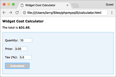 Screenshot of the Widget Cost Calculator as an HTML form, showing the output is displayed at the top of the form.