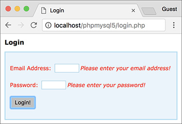 Screenshot of a login HTML form, showing error messages displayed next to the corresponding fields.