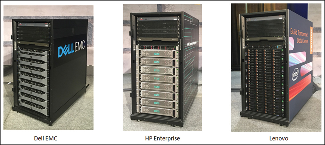 Photographs show Azure Stack scale units from Dell EMC, HP Enterprise, and Lenovo.