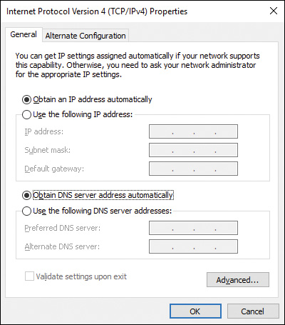 Screenshot of the properties dialog box specific to Internet Protocol Version 4.
