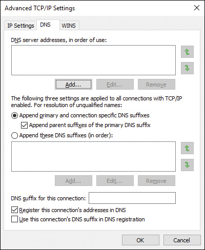 Screenshot of the DNS tab of the Advanced TCP/IP Settings dialog box.