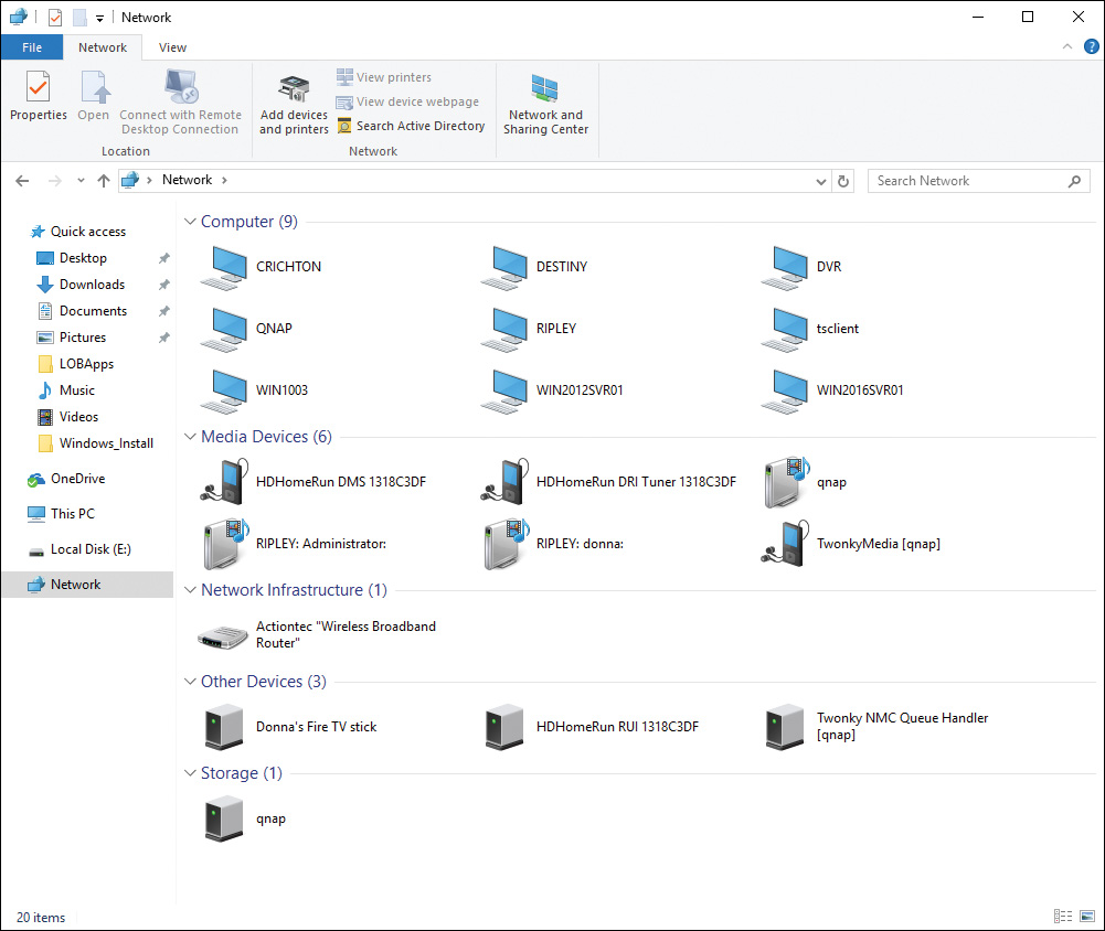 Screenshot of the Windows File Explorer displaying the available network devices using Network explorer applet.