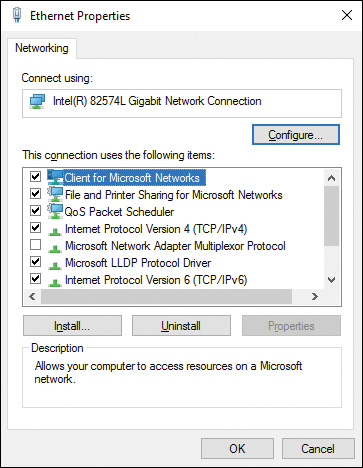 Screenshot of the Ethernet Properties dialog box illustrating the configuration of a Ethernet connection.