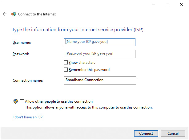 Screenshot of the second page of network setup wizard, which shows the result of selecting Connect to the internet option.