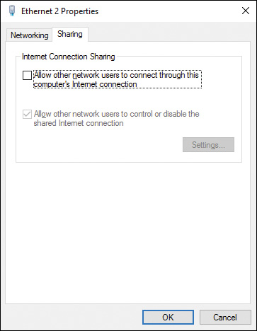 Screenshot of the Ethernet properties dialog box, illustrating the turning on of sharing feature.