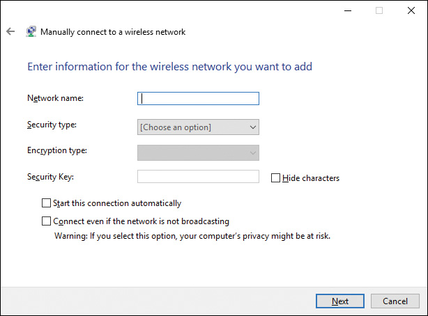 Screenshot of the Manually connect to a wireless network page, that captures network related data from the user.
