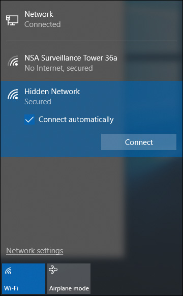 Screenshot of the Network icon utility, with the list of available wireless networks. One of the networks is selected. The selected network is described secured, and has a command button connect and checkbox Connect Automatically.