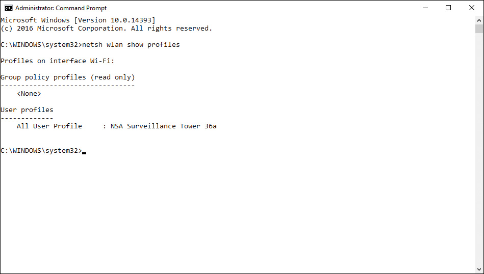 Screenshot of a Command Prompt window in Administrator mode, displaying the result of command netsh wlan.