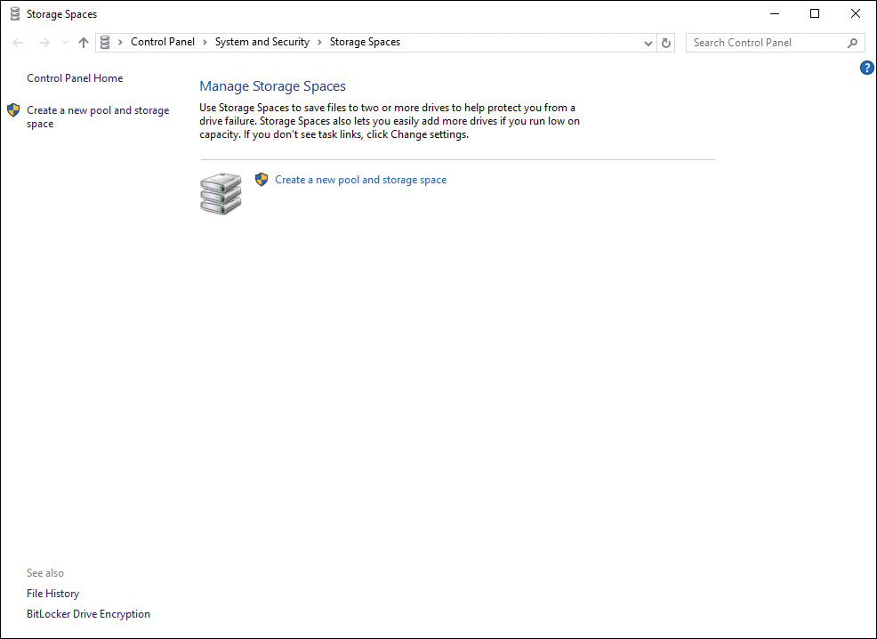 Screenshot shows the Storage Spaces window.