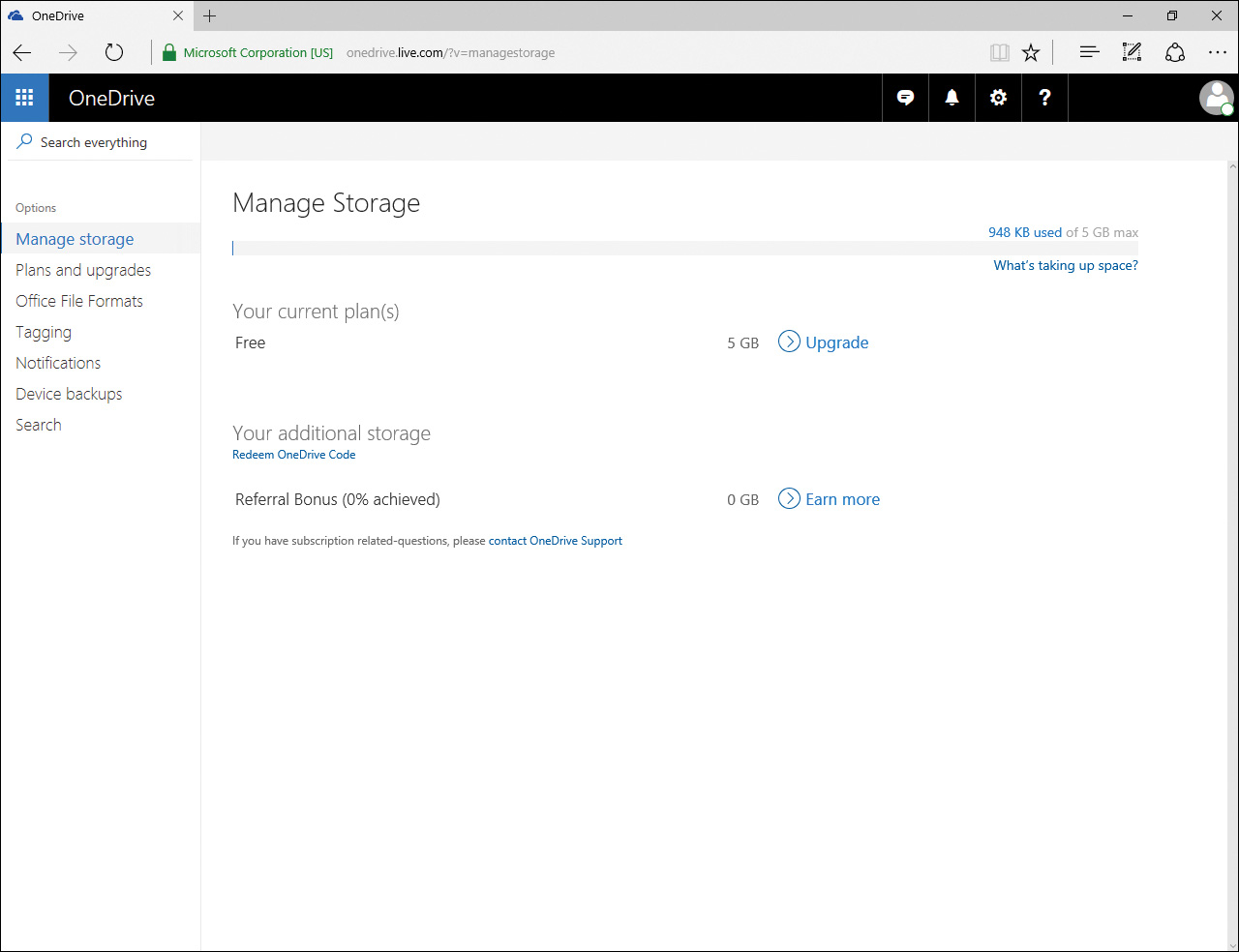 Screenshot shows OneDrive Settings available on a Web Interface.