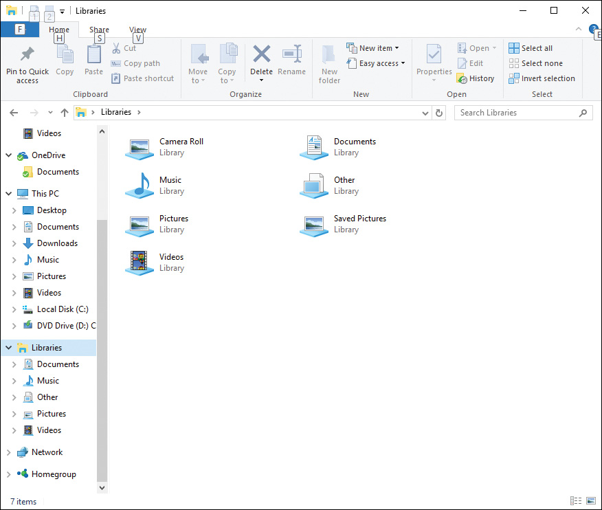Screenshot shows the Libraries folder selected in Windows 10, where you can create new ones.
