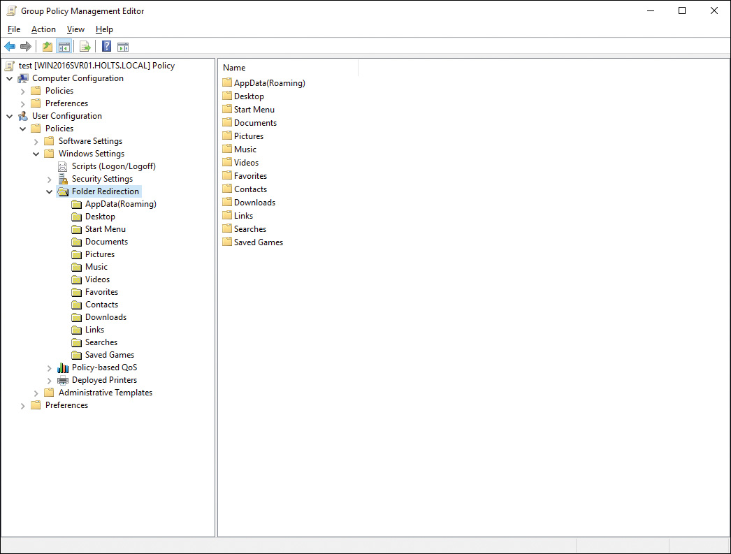Screenshot of the Group Policy Management Editor window shows the Folder Redirection tab selected, leading to a list of folders below and to its right.