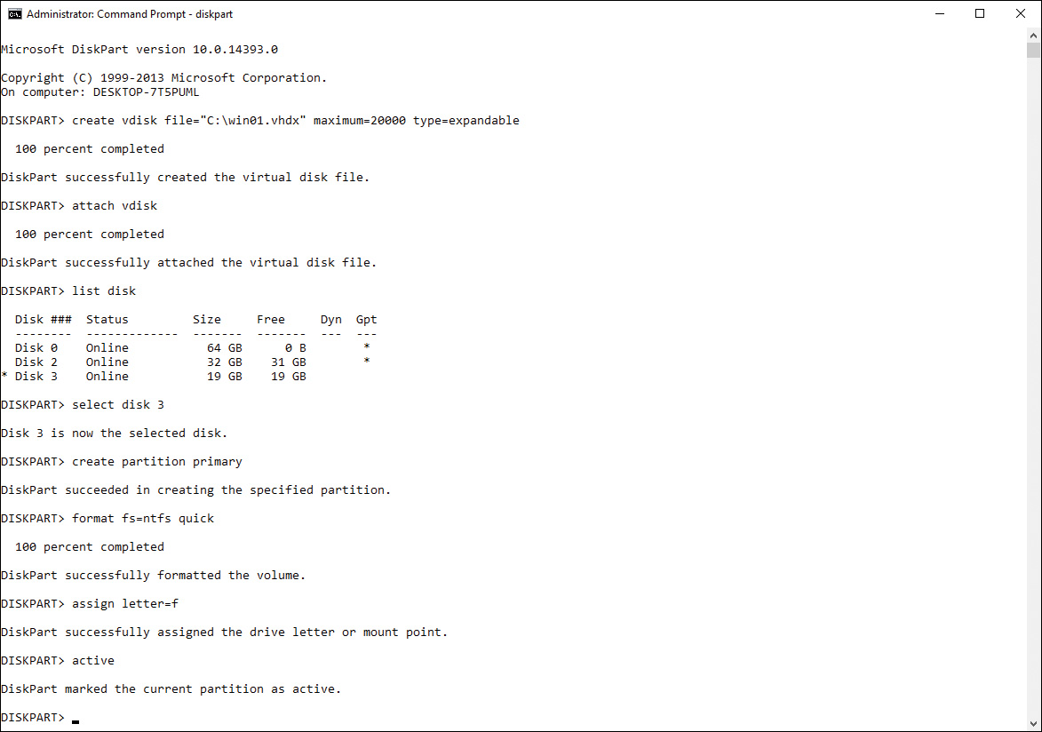 Screenshot of the Administrator Command Prompt window using DiskPart to Create, Format, and Assign a VHD.