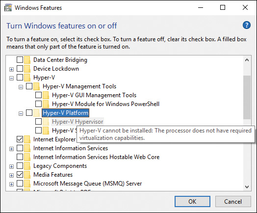 Screenshot shows the Windows Features box with Hyper-V Platform selected, that reveals a box that reads: Hyper-V cannot be installed: The processor does not have required virtualization capabilities.