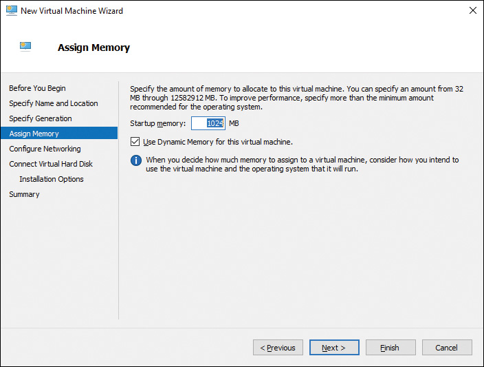 Screenshot of the New Virtual Machine Wizard has a set of options at its navigation pane with Assign Memory selected. Set of information is at the content pane with Startup memory reading 1024 MB. A checkbox with text reads: Use Dynamic Memory for this virtual machine: Check.