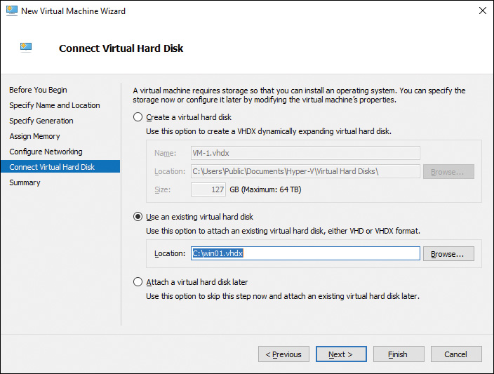 Screenshot of the New Virtual Machine Wizard shows the "Connect Virtual Hard Disk" step.