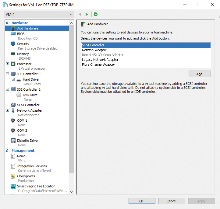 Screenshot shows the Settings for VM-1 on DESKTOP-7T5PUML window.
