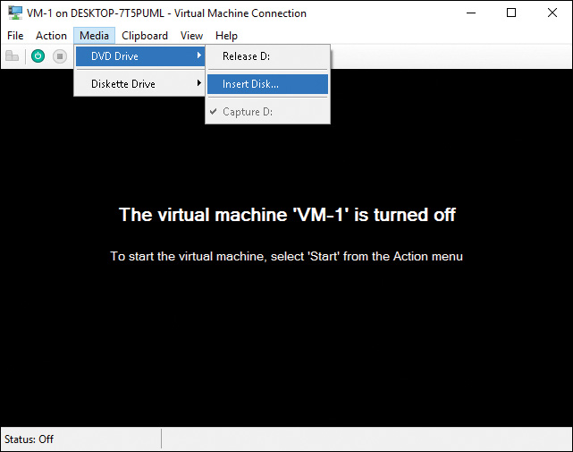 Screenshot of a Virtual Machine Connection window has file formatting options underneath with Media selected, that reveals DVD Drive which is selected, showing three options that has Insert Disk selected.