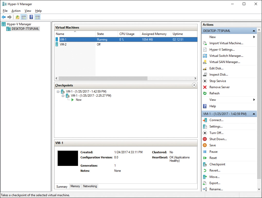 Screenshot shows Virtual Machine Checkpoints displayed in a hierarchy with the oldest version at the top.