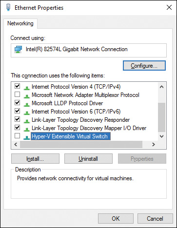 Screenshot shows Ethernet properties and the Hyper-V Extensible Virtual Switch.
