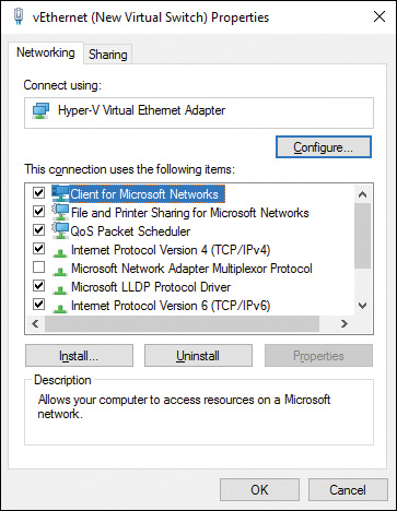 Screenshot shows the process of creating a Virtual Ethernet Adapter for the Hyper-V host to use when communicating with Hosted VMs.