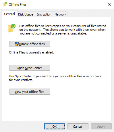 Screenshot shows configuration of offline files at the Client Computer from the Offline Files dialog box.