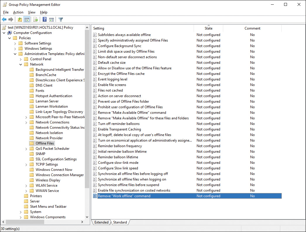 Screenshot of the Group Policy Management Editor window has the menu bar followed by file formatting options. The navigation pane has a set of folders with Offline Files selected. The content pane has a list of settings defined with its state and comment, with Remove Work offline command: Not configured: No selected. Two tabs, Extended, and Standard are at its bottom, with Standard selected.